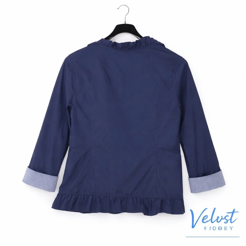 Chico’s Blue Ruffle Hem Jacket Size 2 Cotton Lightweight Utility Chic - Picture 2 of 3